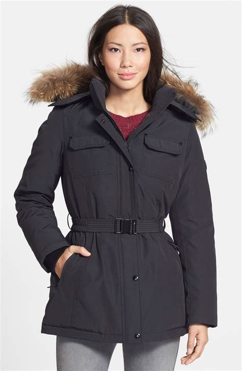 michael michael kors faux fur trim belted parka|Faux Fur Trim Ciré Belted Parka .